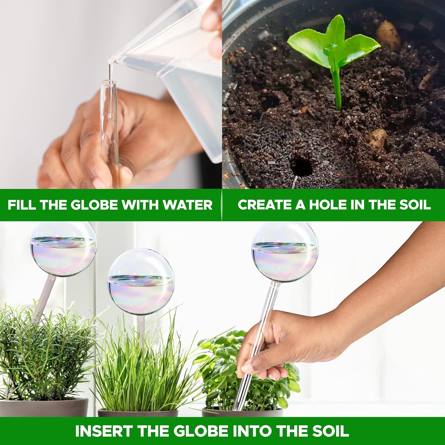 EcoNour 2-Piece Iridescent Self-Watering Glass Globes – Automatic Plant Waterer for Indoor & Outdoor Plants