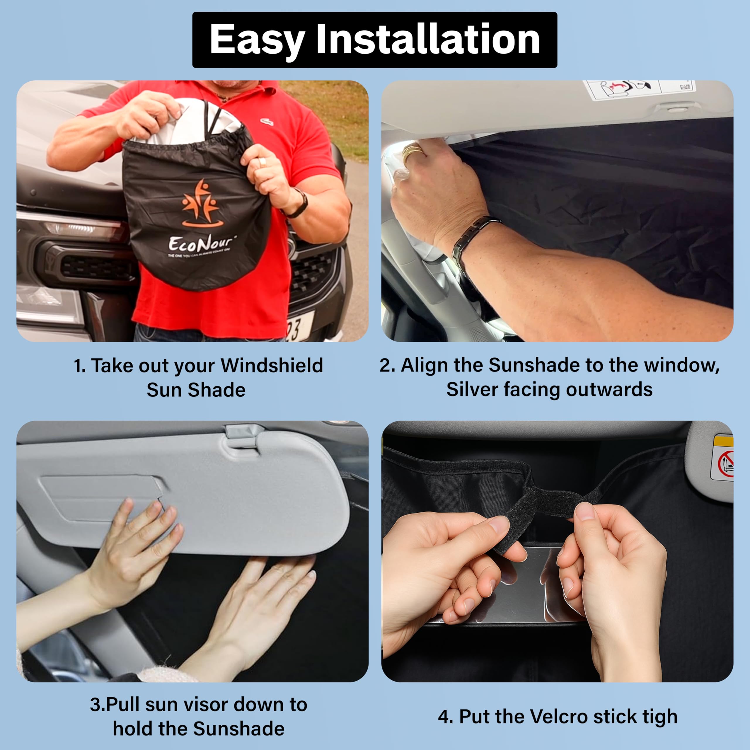 EcoNour Ford F-150 windshield sun shade (2022–2025). Foldable 240T visor blocks sun, heat & UV rays to keep your truck interior cool.