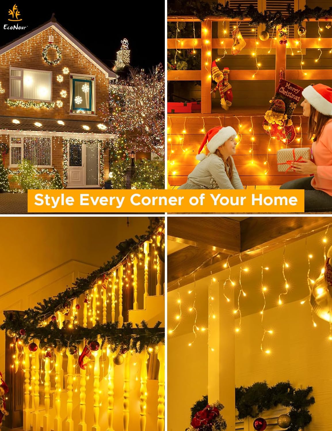 EcoNour Warm White Icicle Christmas Lights creating sparkling holiday effect