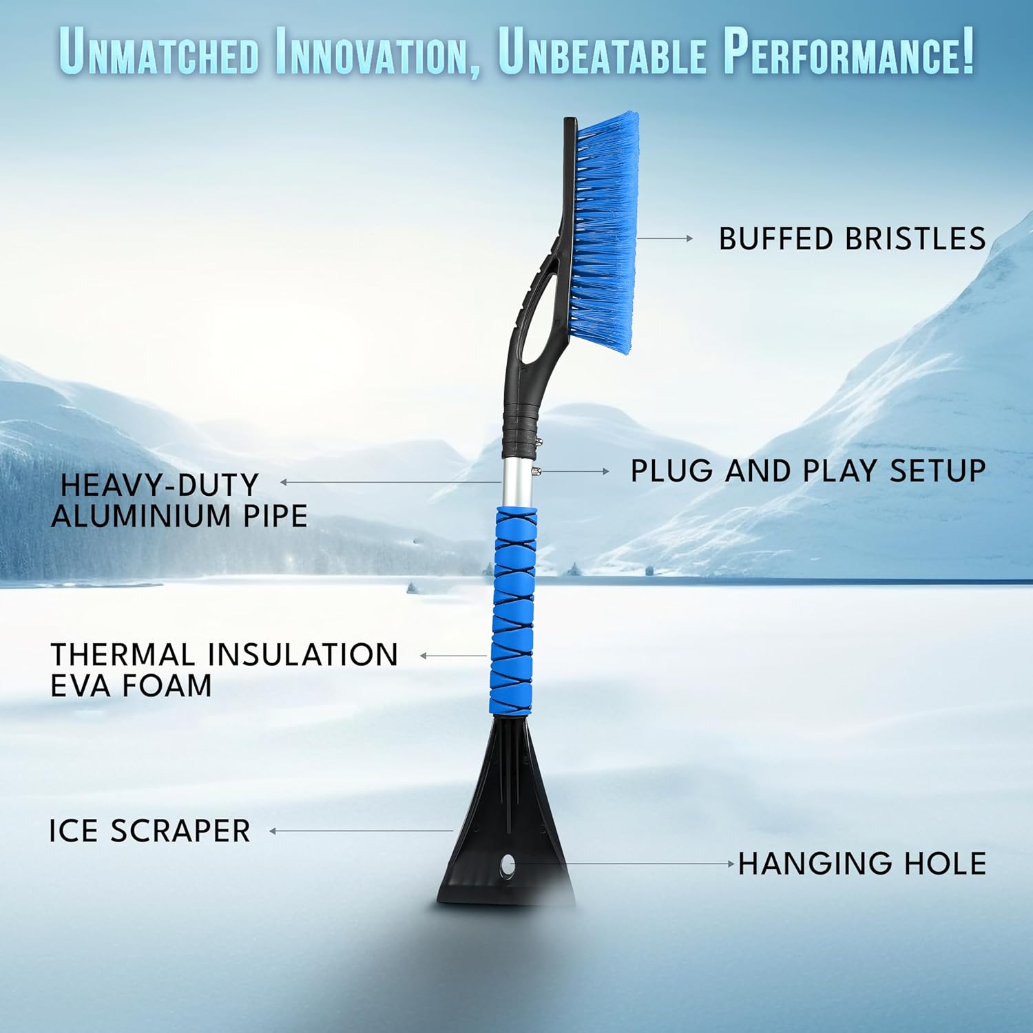 EcoNour 27" Car Snow Brush & Ice Scraper for Car Windshield (2 Pack) | Scratch Free Bristle Head Snow Brush & Tough Window Snow Scraper with Aluminium Body | Snow Removal Winter Car Accessories
