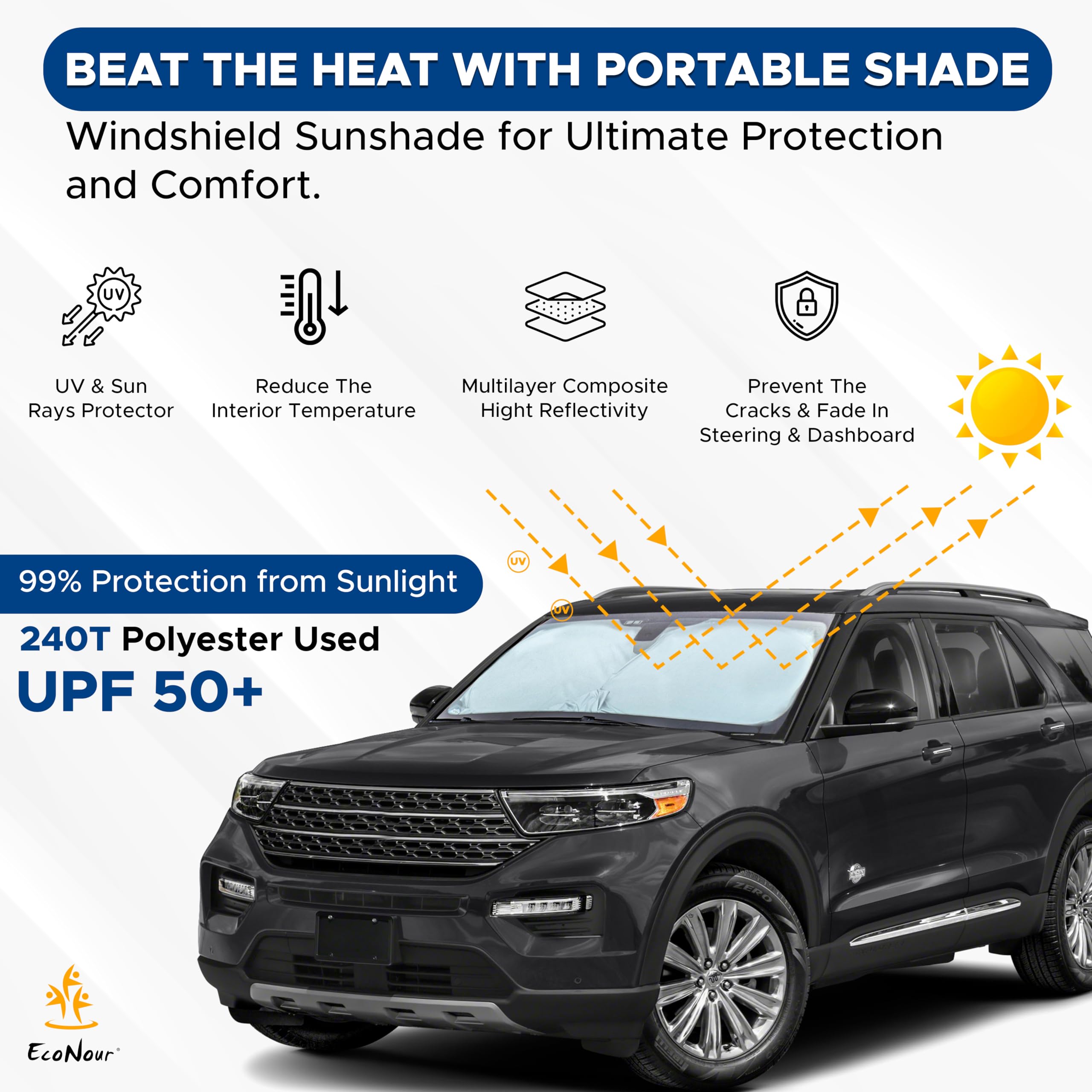 Windshield Sun Shade – 64"x34" Automotive Sun Visor for UV & Heat Protection