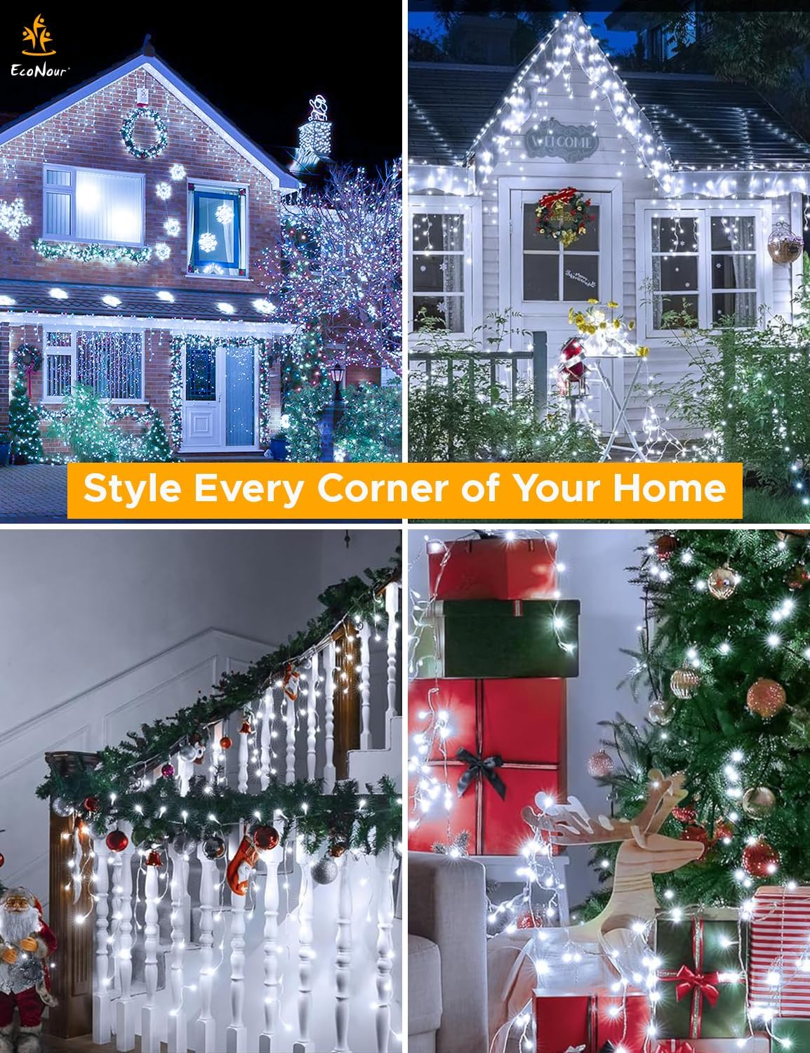 EcoNour Icicle Lights for Outside | 1000 LED Icicle Christmas Lights Outdoor with 8 Modes, Connectable String Light with Timer, Memory Function, Waterproof Twinkle Outdoor Christmas lights- Cool White