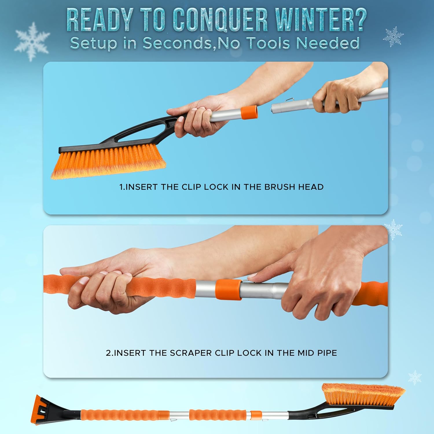 EcoNour 43" Extendable Snow Brush & Ice Scraper for Car Windshield | 3 Parts Detachable Telescopic Snow Brush for Car, Trucks, SUV | Long Snow Scraper with Brush | Car Winter Accessories