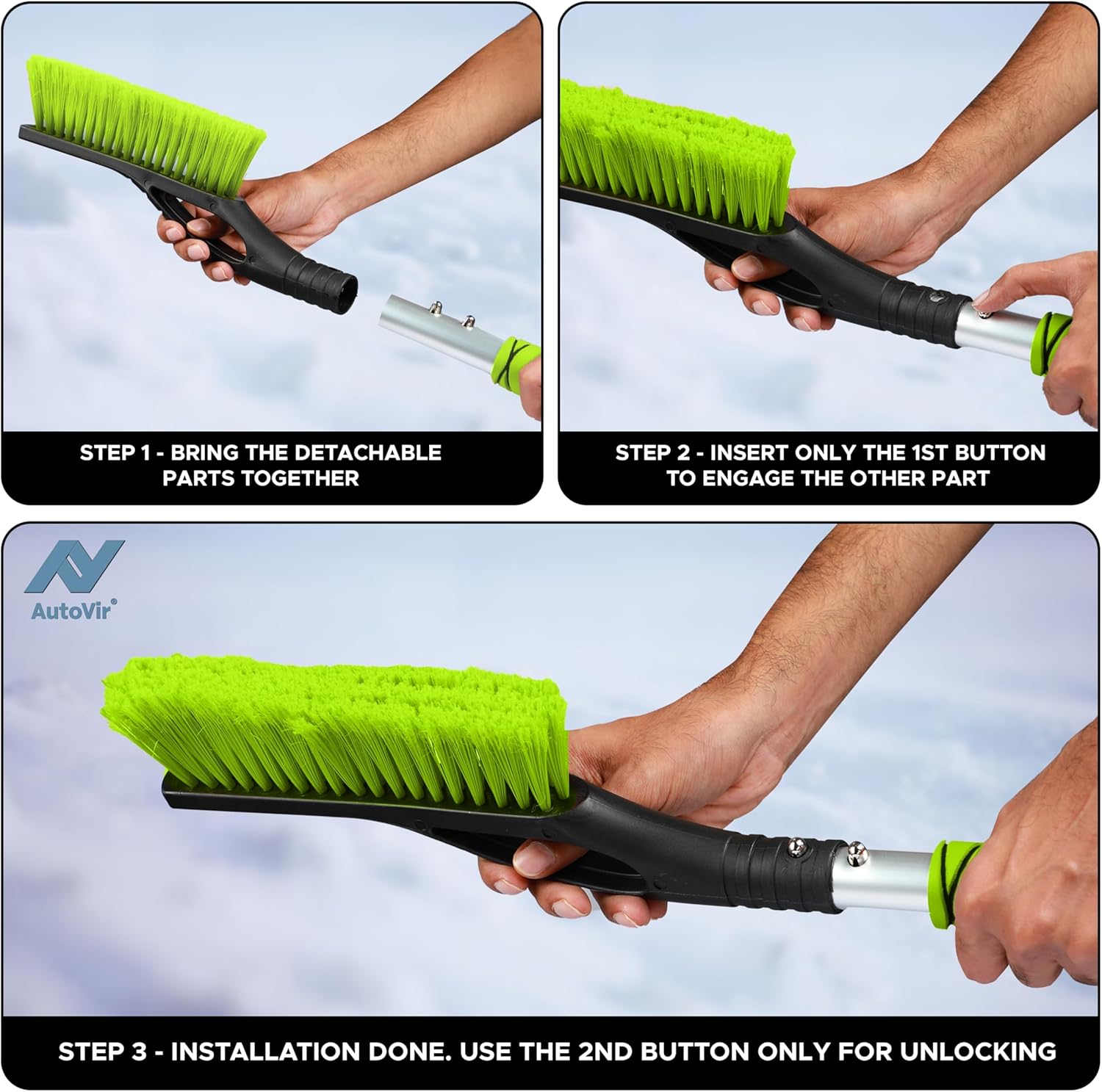 Step-by-step guide for using the Snow Brush & Ice Scraper, including installation instructions and detachable parts.EcoNour Snow Brush & Ice Scraper for Car Windshield 27" (Green) – Efficient Snow Removal Tool