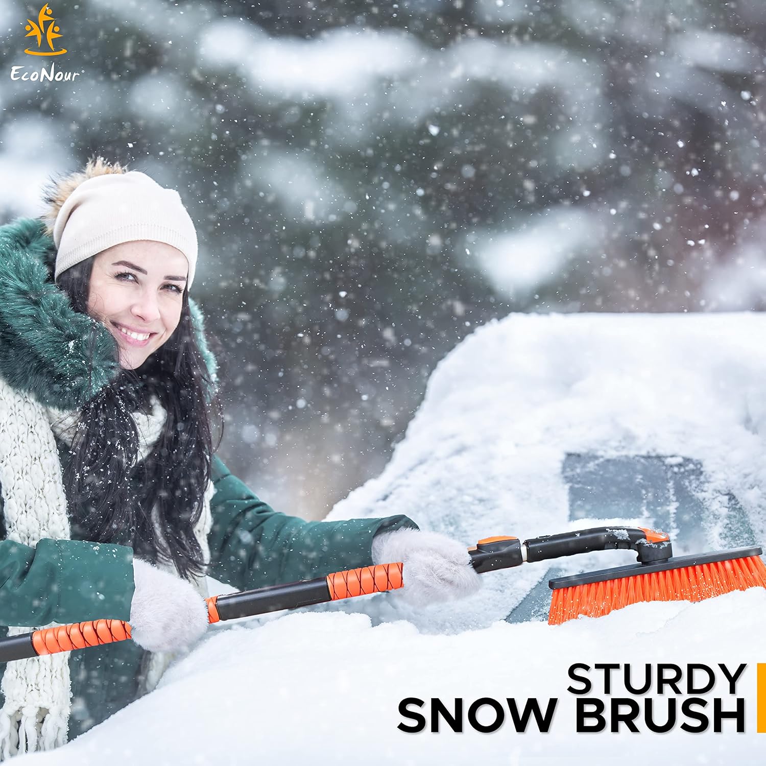EcoNour 53" 3 in 1 Extendable Snow Brush with Ice Scraper for Car Windshield – Winter Car Accessory