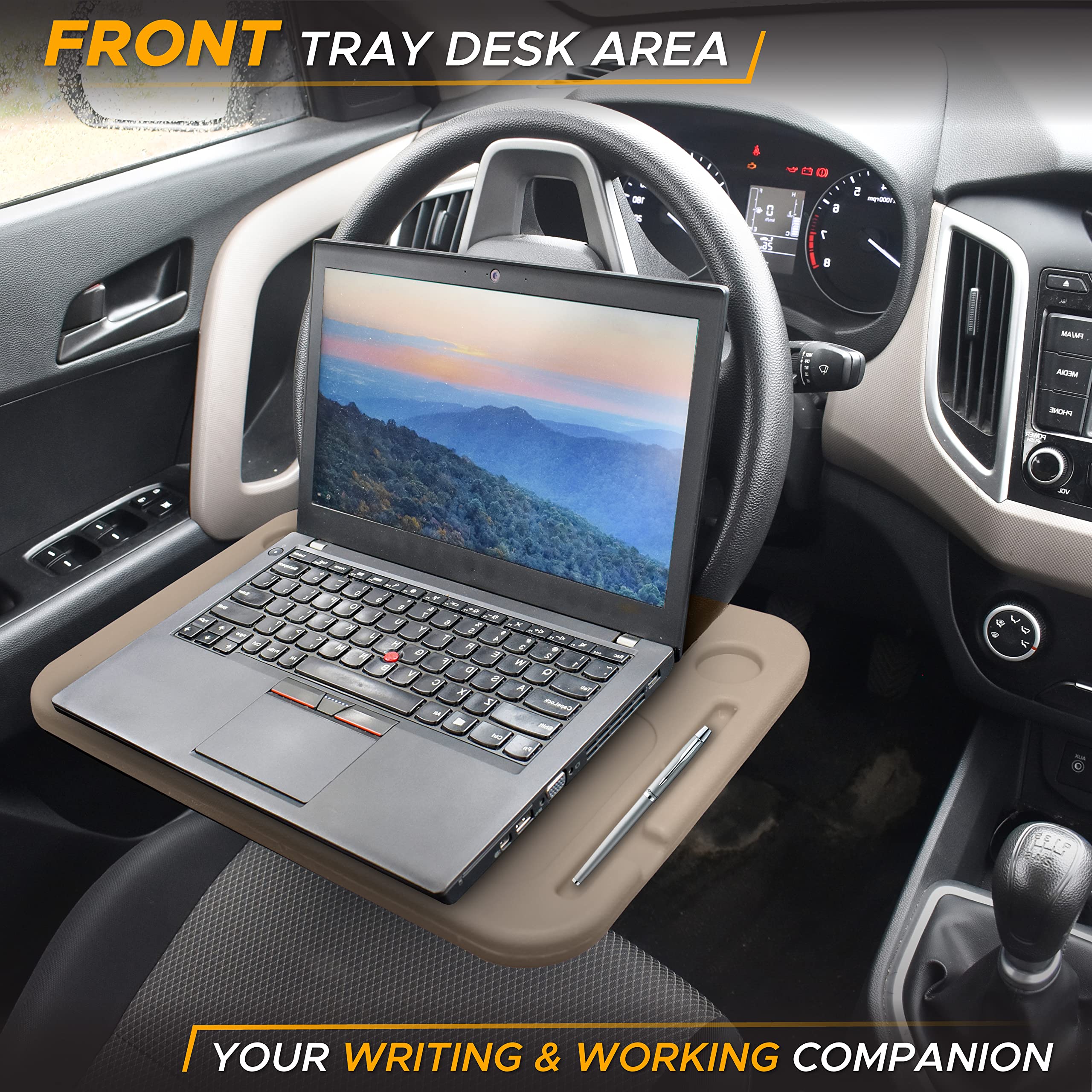 EcoNour 2 in 1 Car Steering Wheel Desk (Beige) rectangular ABS tray for eating, drinks, and working in car