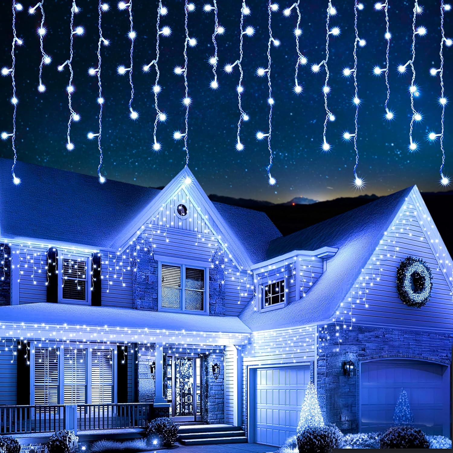 Christmas Icicle Lights Outdoor illuminating a house with cool white LED lights during the night.