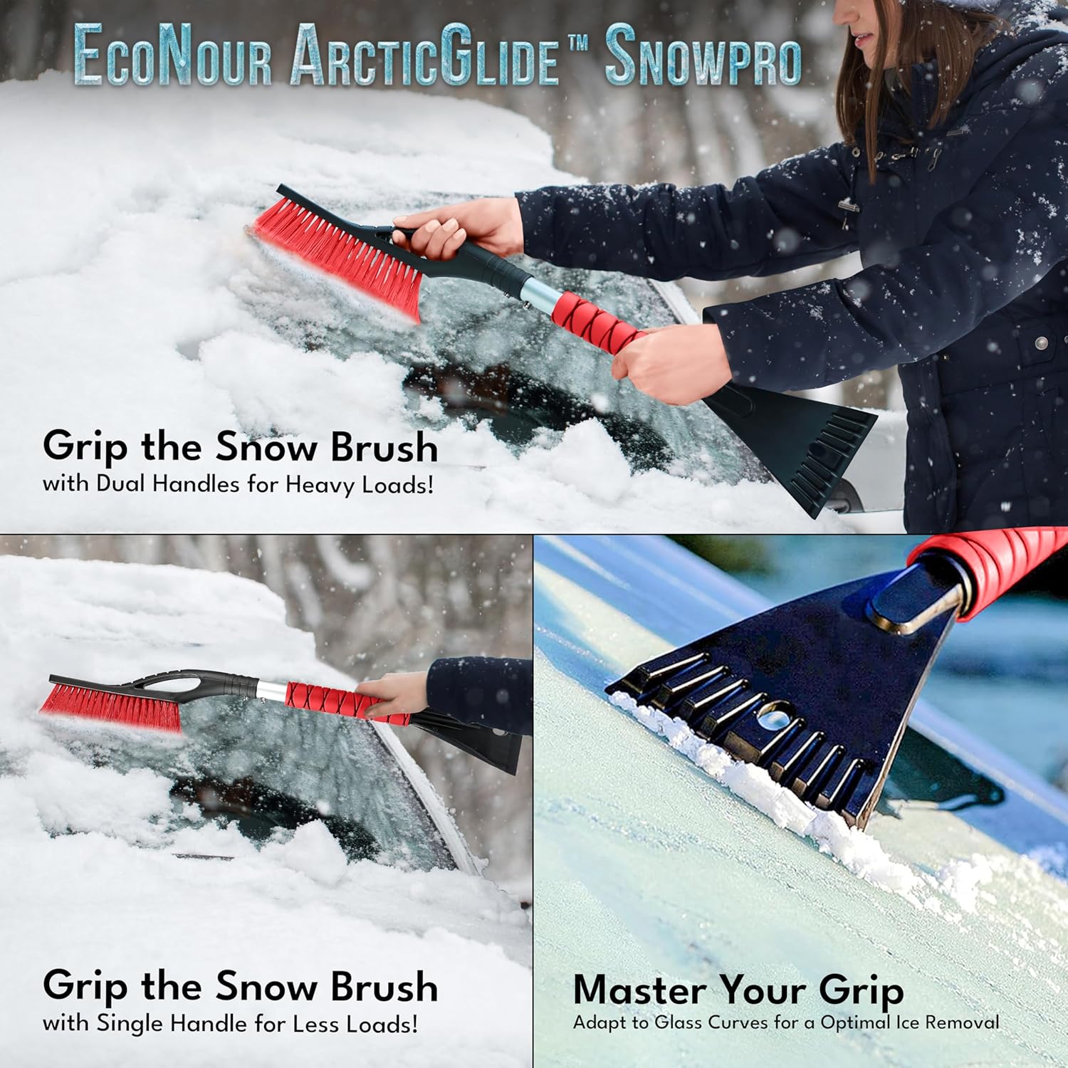 EcoNour 27" Car Snow Brush & Ice Scraper for Car Windshield (Red- 2 Pack) | Scratch Free Bristle Head Snow Brush & Tough Window Snow Scraper with Aluminium Body