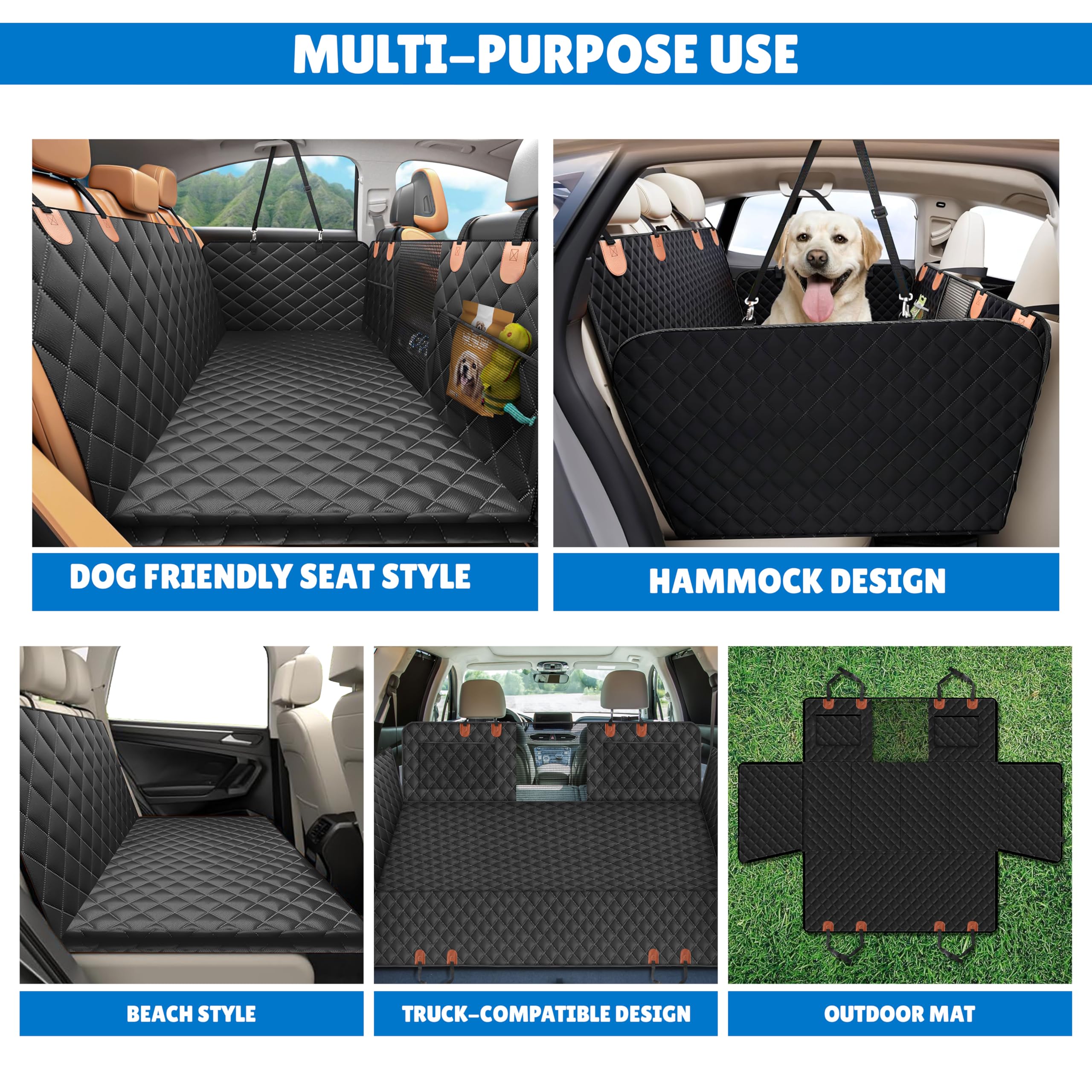 Dog Car Seat Cover for Back Seat, EcoNour waterproof pet hammock with side door straps and PP boards for cars, SUVs, and trucks.