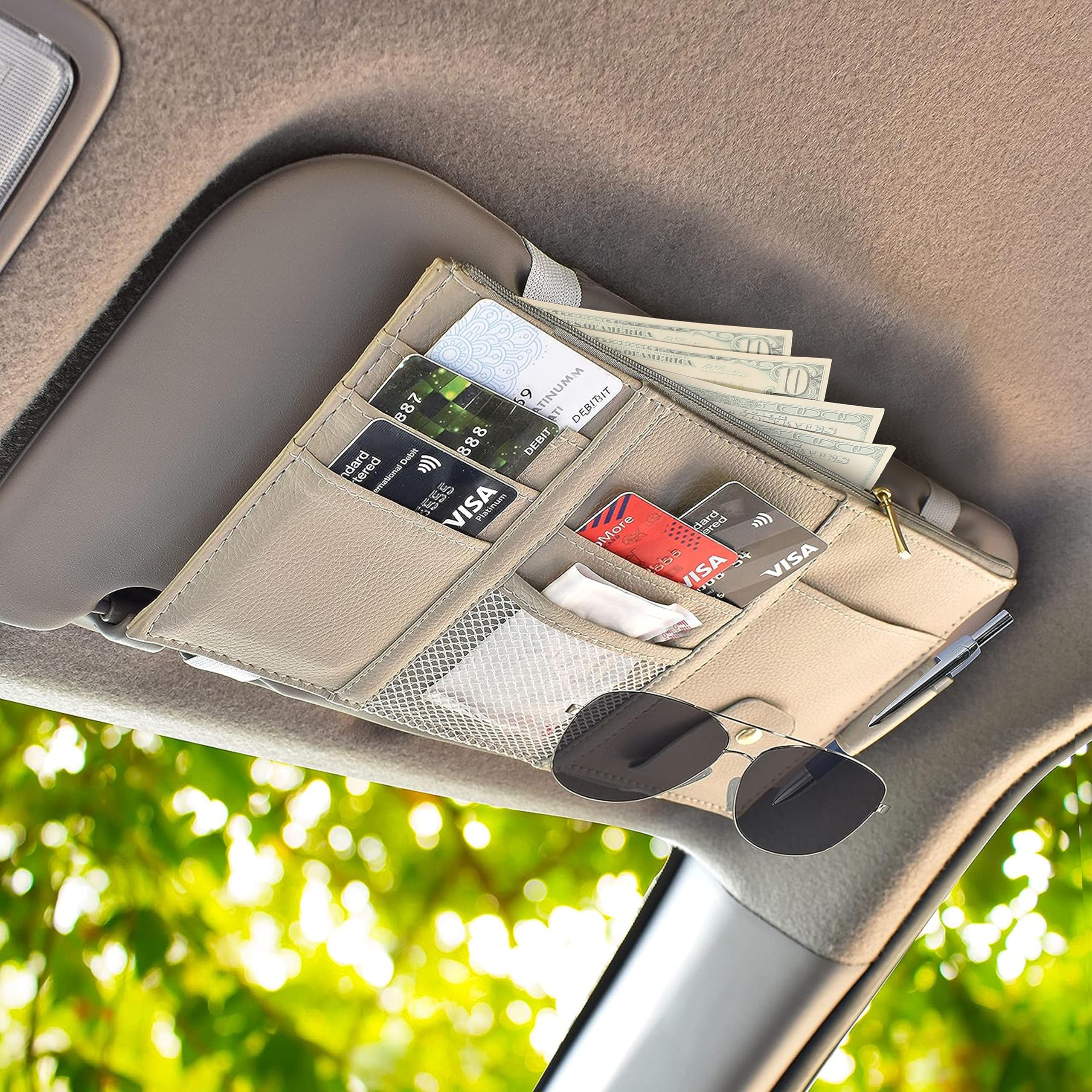 Beige Car Sun Visor Organizer with multi-pocket net zipper for car essentials