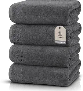 EcoNour Luxury 4-Pack Dark Grey Turkish Cotton Bath Towels, 550 GSM 100% Cotton – 27x54 Inch, Ultra Soft, Quick Dry & Highly Absorbent