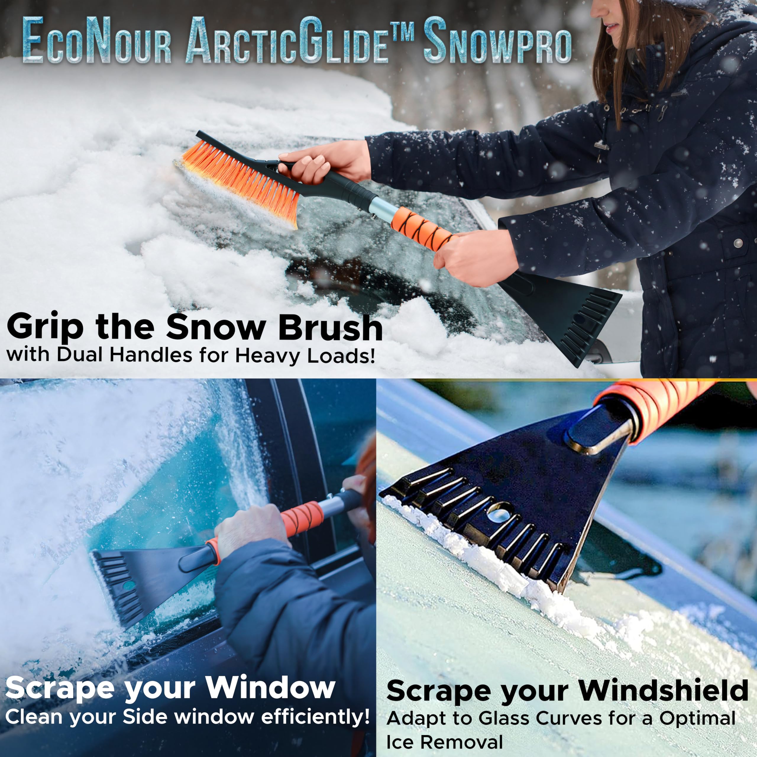 27" Car Snow Brush and Ice Scraper 2 Pack Orange with Aluminum Body EcoNour