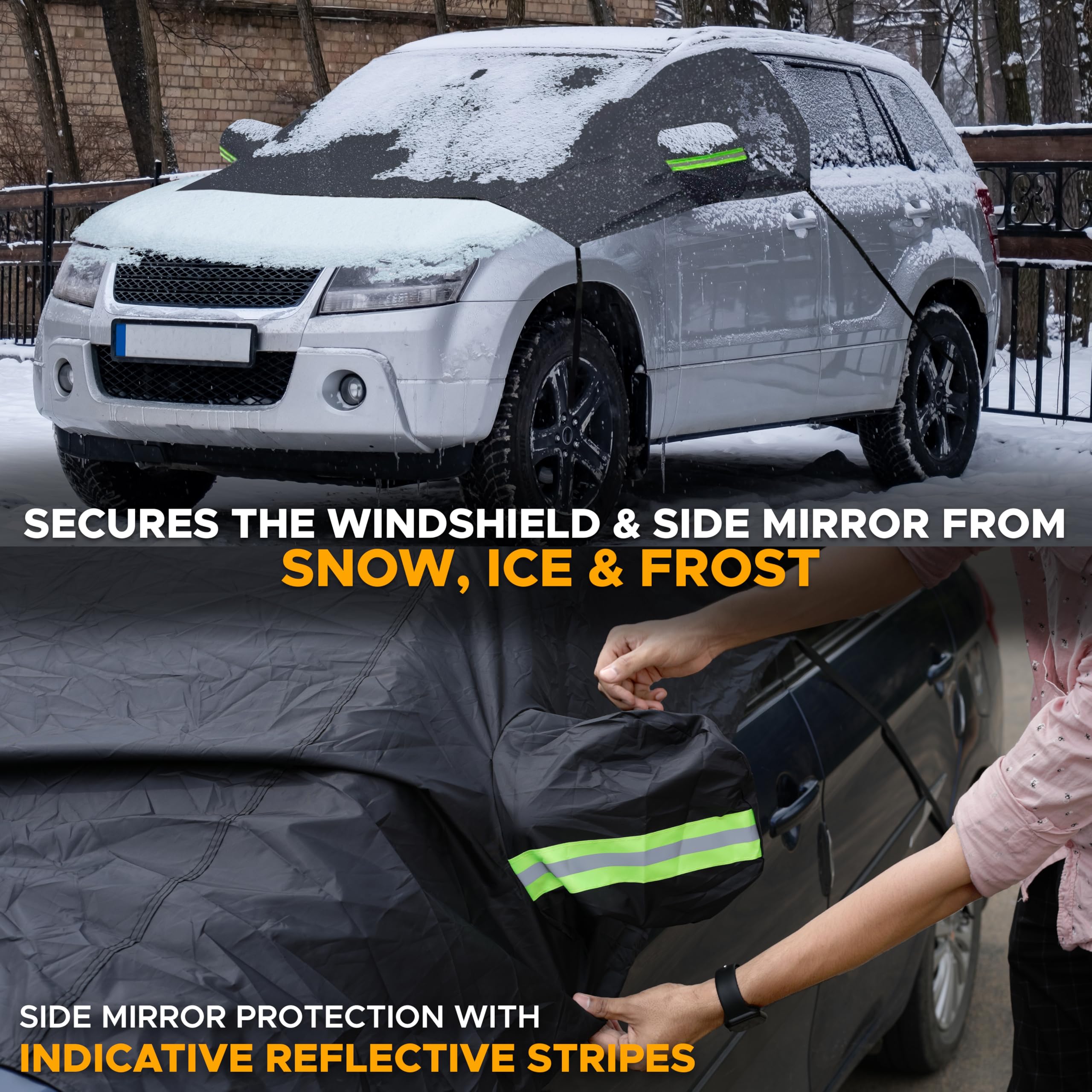 Durable Car Windshield Snow Cover with Side Mirrors Cover (Black) keeps vehicle interior safe.