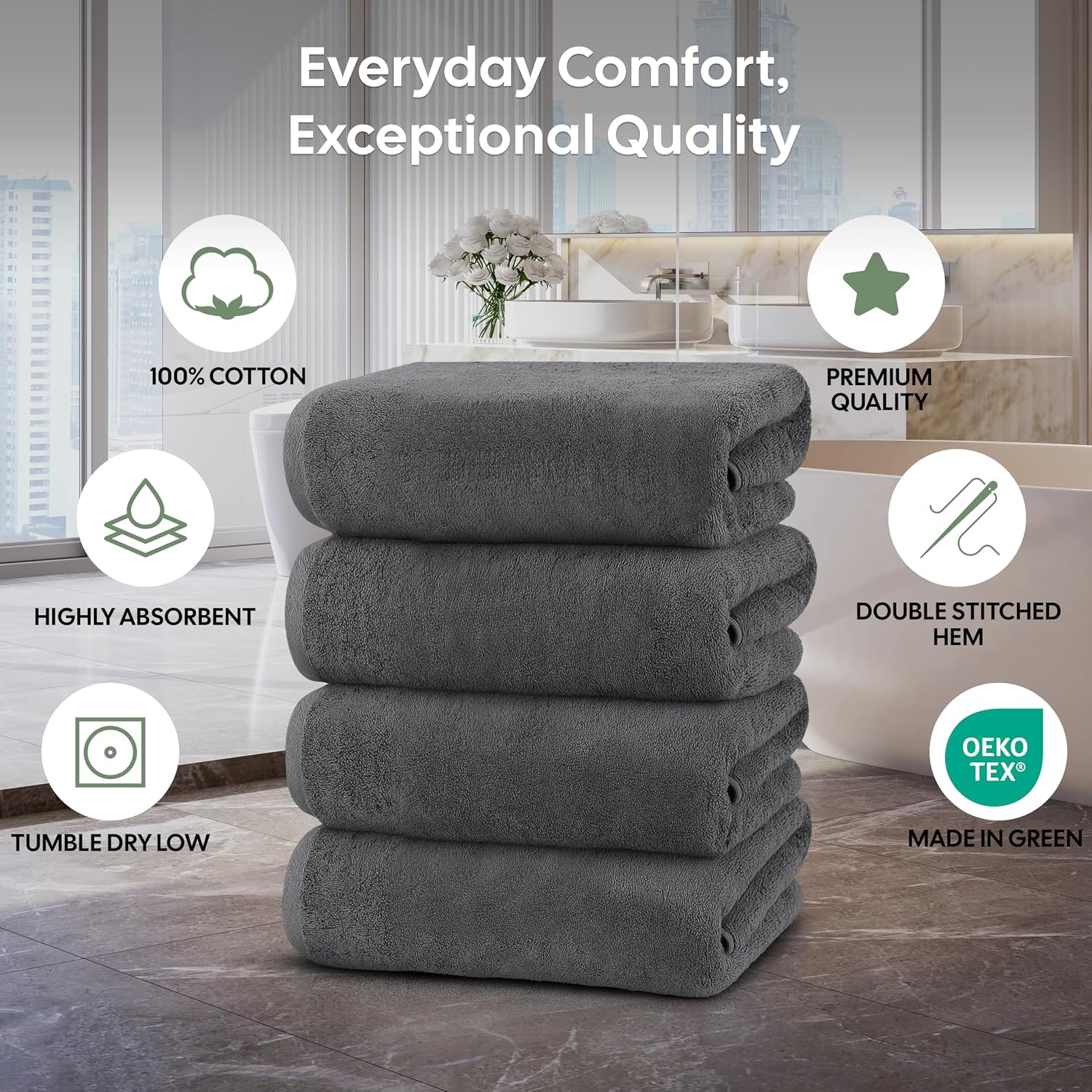 EcoNour Luxury 4-Pack Dark Grey Turkish Cotton Bath Towels, 550 GSM 100% Cotton – 27x54 Inch, Ultra Soft, Quick Dry & Highly Absorbent