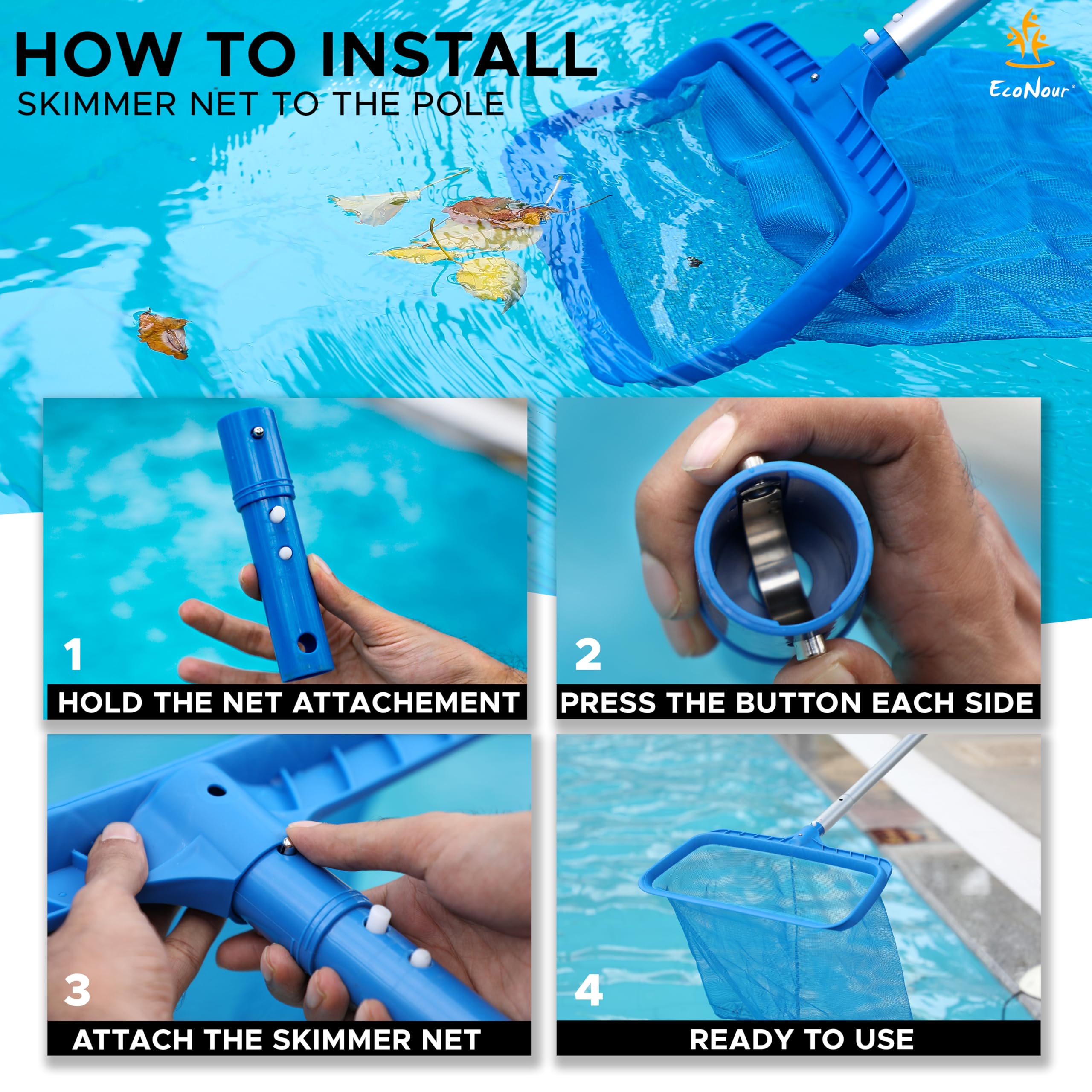 Pool Skimmer Net with Deep Rake Mesh Frame for Easy Pool Cleaning