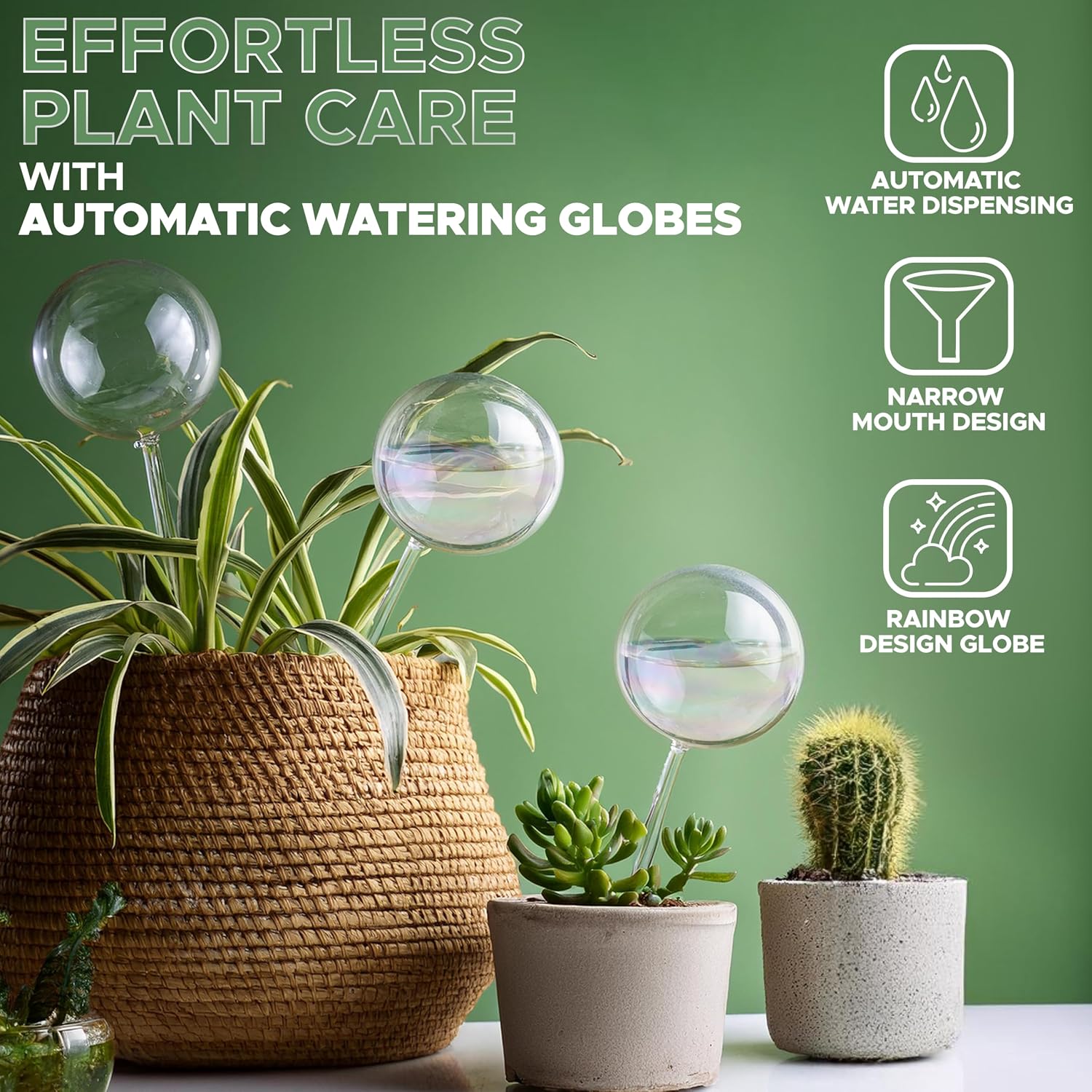 EcoNour 2-Piece Iridescent Self-Watering Glass Globes – Automatic Plant Waterer for Indoor & Outdoor Plants