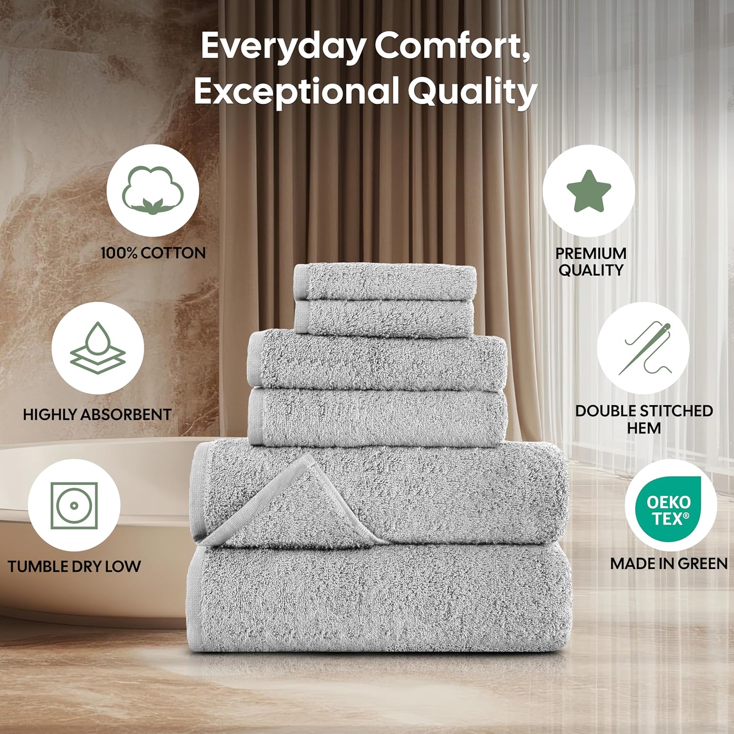 EcoNour Luxury 6 Pack Grey Turkish Cotton Bath Towels – 550 GSM 100% Cotton, 2 Bath Towels, 2 Hand Towels & 2 Washcloths, Ultra Soft, Highly Absorbent & Quick Dry, Spa & Hotel Quality