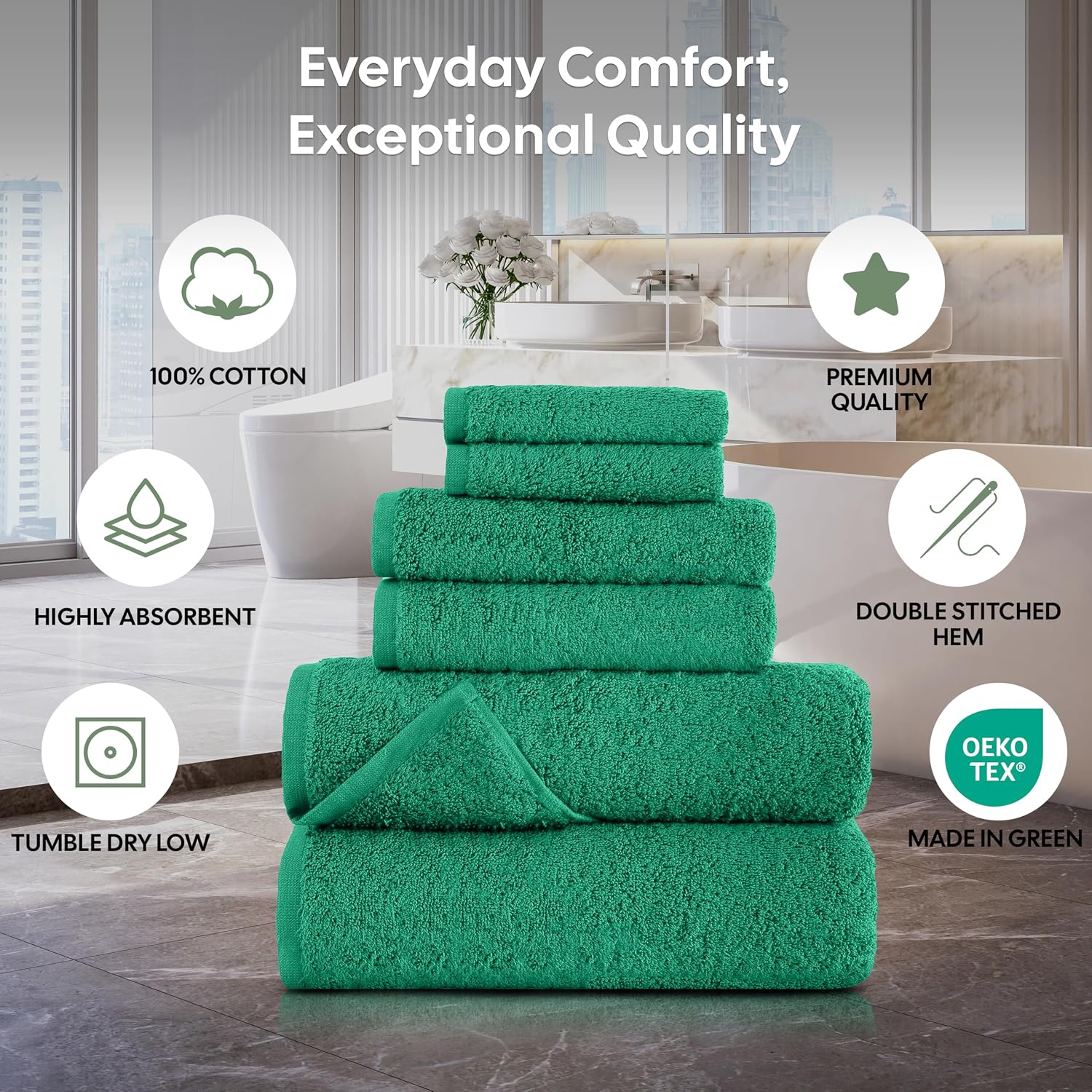 EcoNour Luxury 6-Piece Green Turkish Cotton Bath Towel Set – 550 GSM, 100% Cotton, Ultra Soft & Highly Absorbent