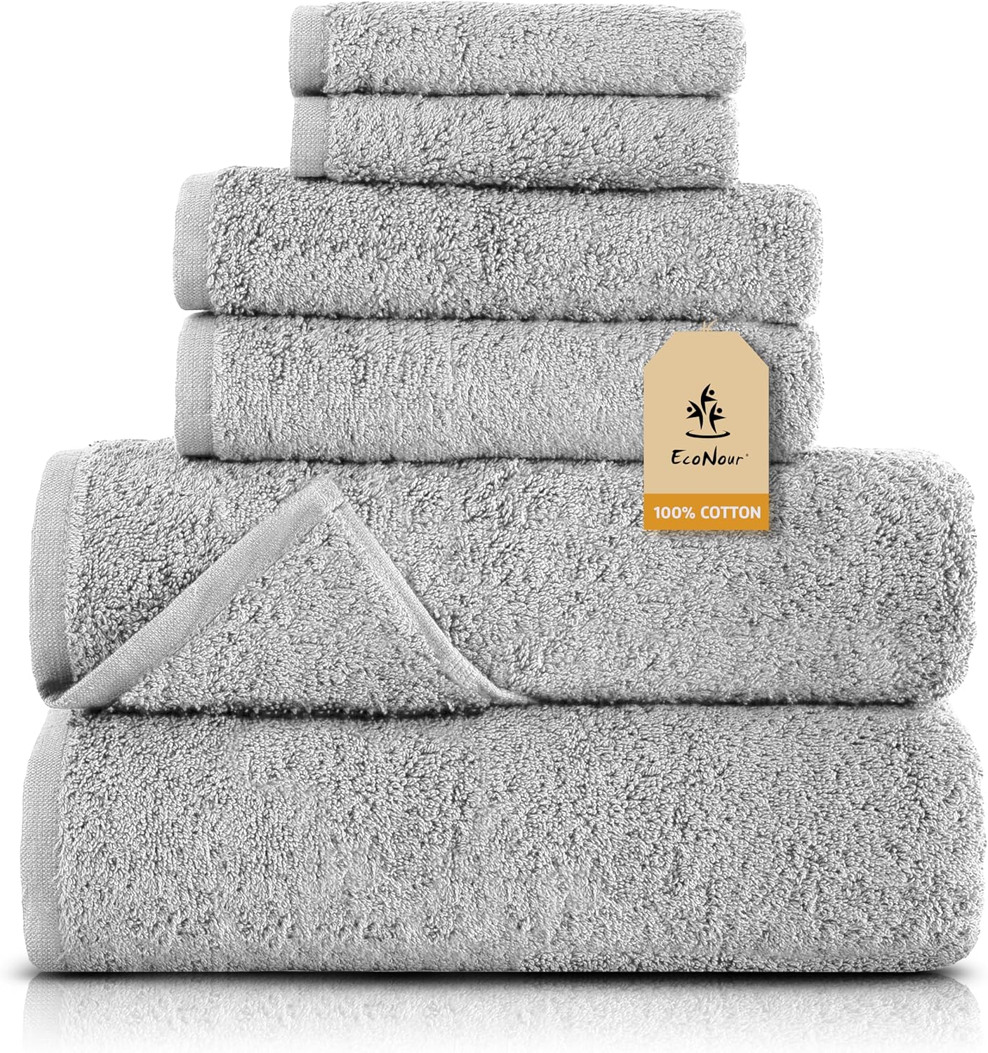 EcoNour Luxury 6 Pack Grey Turkish Cotton Bath Towels – 550 GSM 100% Cotton, 2 Bath Towels, 2 Hand Towels & 2 Washcloths, Ultra Soft, Highly Absorbent & Quick Dry, Spa & Hotel Quality