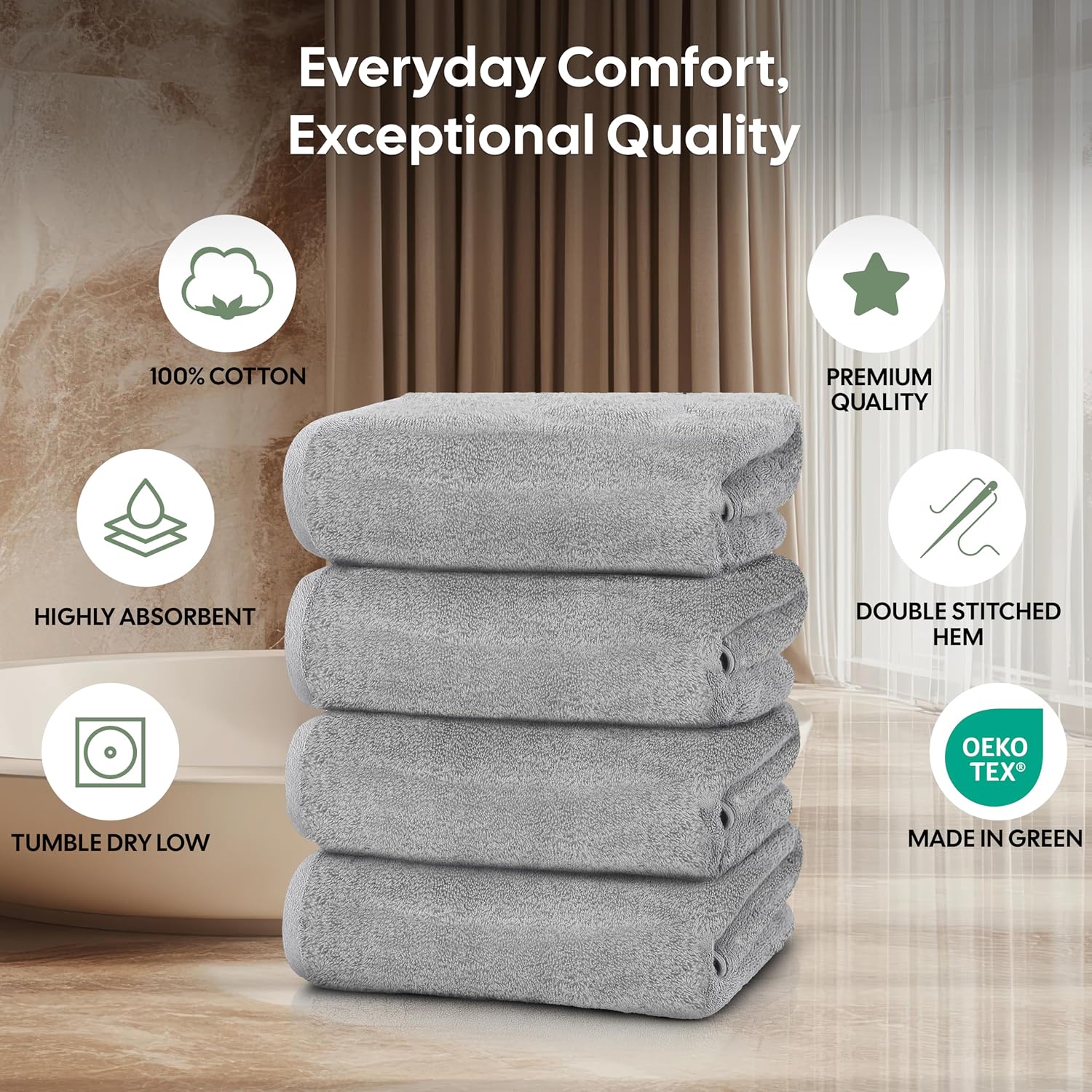 EcoNour Luxury 4-Pack Grey Turkish Cotton Bath Towels, 550 GSM 100% Cotton – 27x54 Inch, Ultra Soft, Quick Dry & Highly Absorbent for Bathroom, Gym & Travel