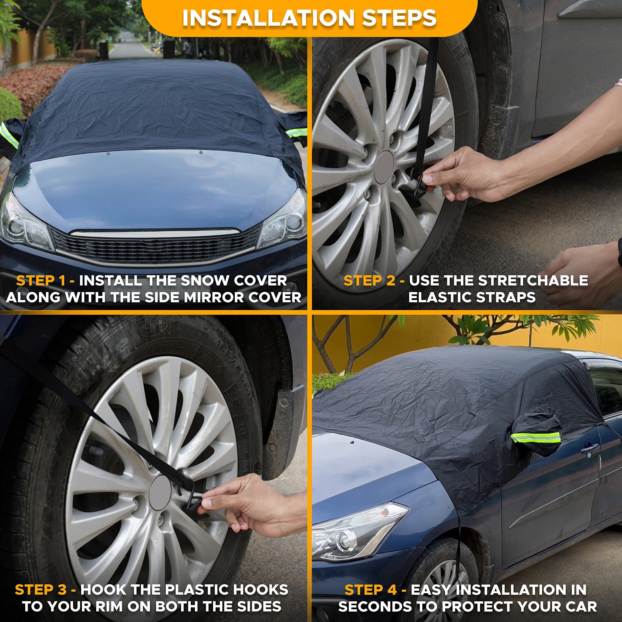 Easy-install Car Windshield Snow Cover with Side Mirrors Cover (Black) by EcoNour.