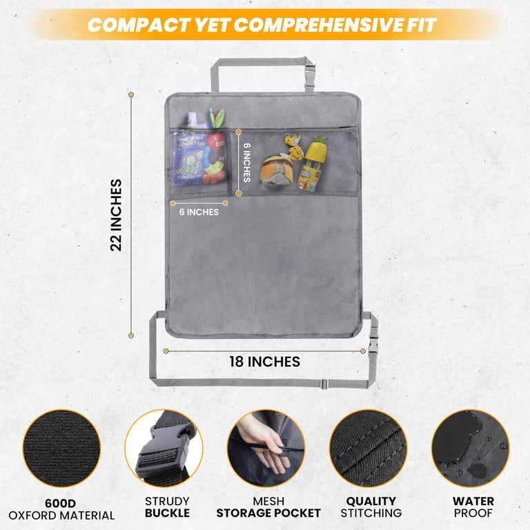 Back Seat Protector 2-Pack (Grey) – Kids car kick mats with 2-pocket organizer for extra storage.