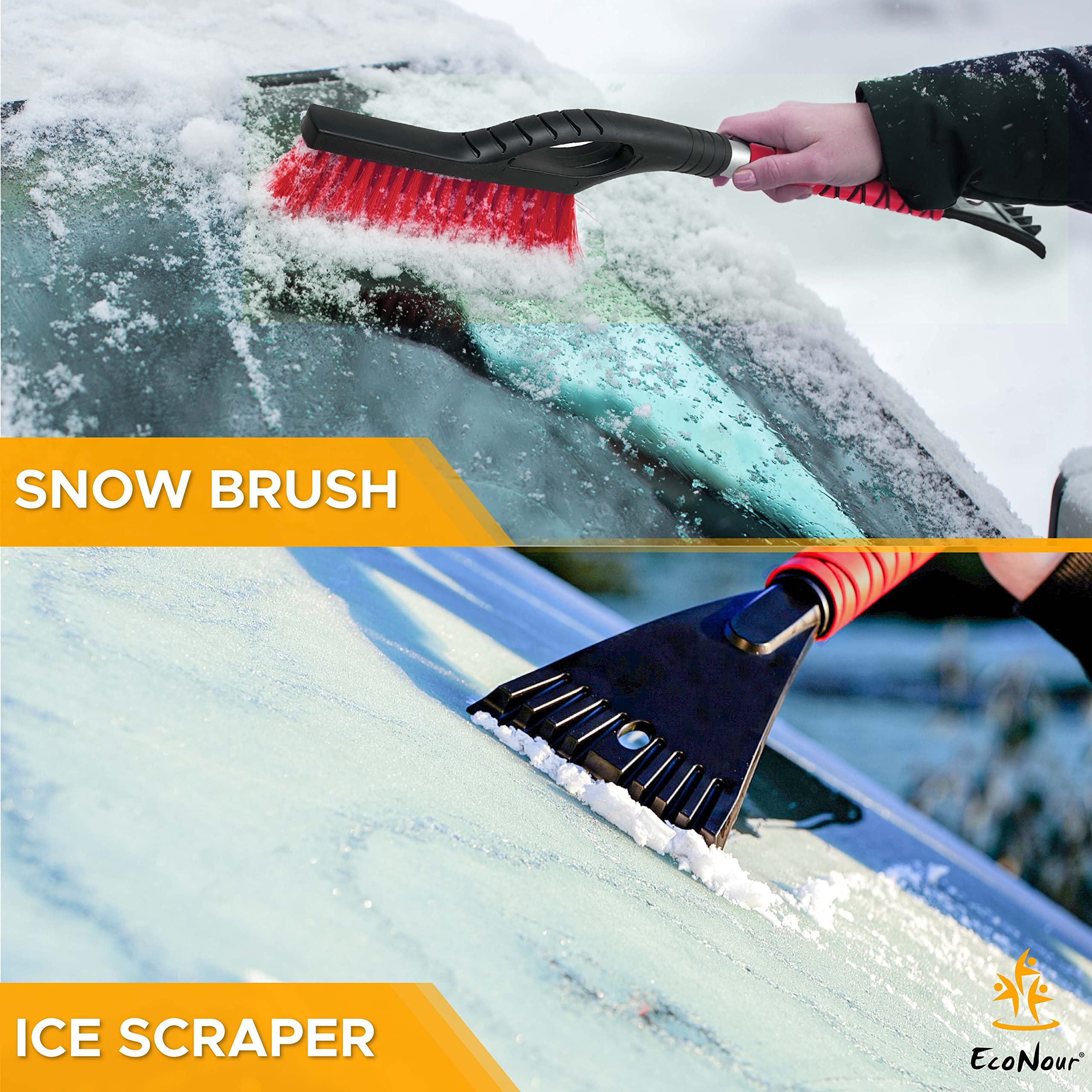 27" Aluminum Car Snow Scraper and Brush Red with Foam Grip for Cars EcoNour