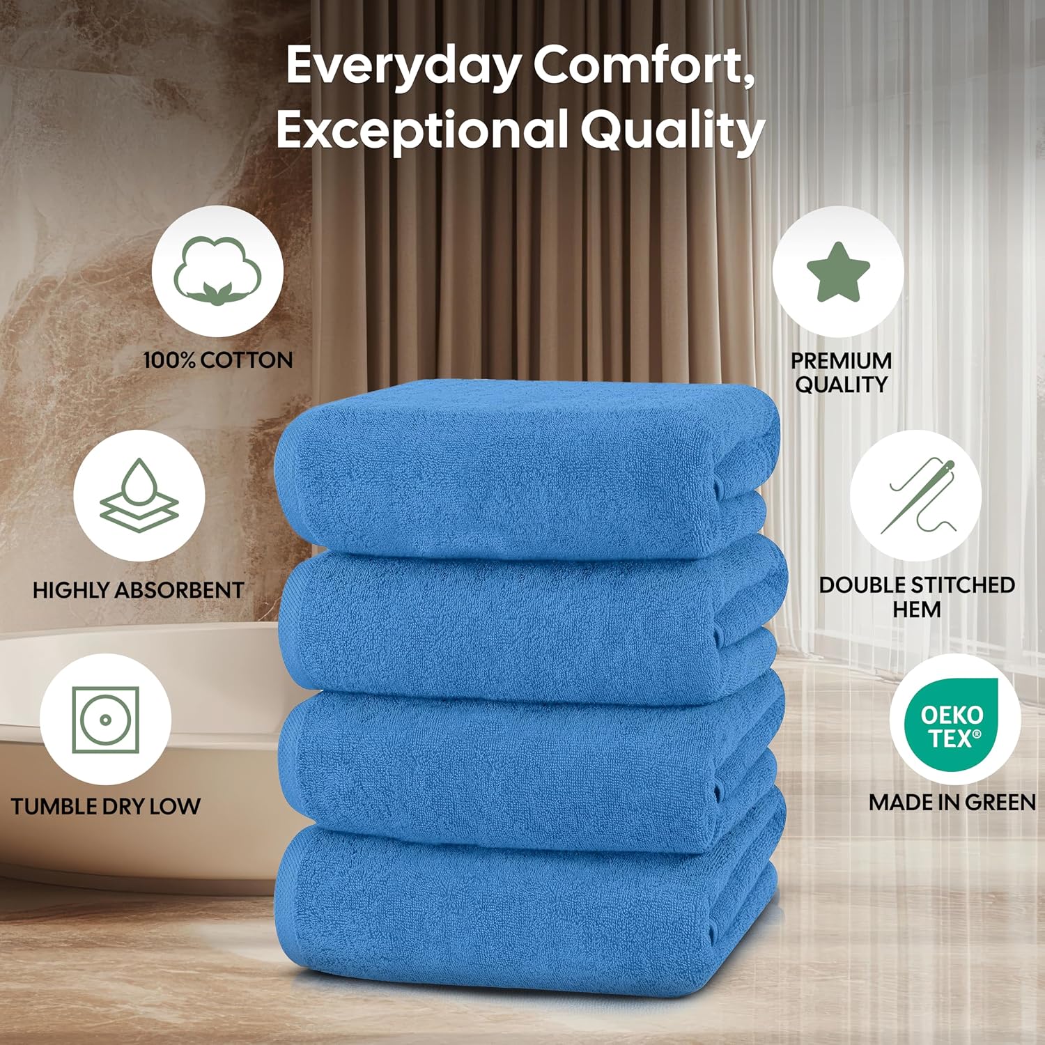 EcoNour Luxury 4-Pack Turkish Cotton Bath Towels – 550 GSM, 100% Cotton, 27x54", Ultra Soft, Absorbent & Quick Dry – Navy Blue