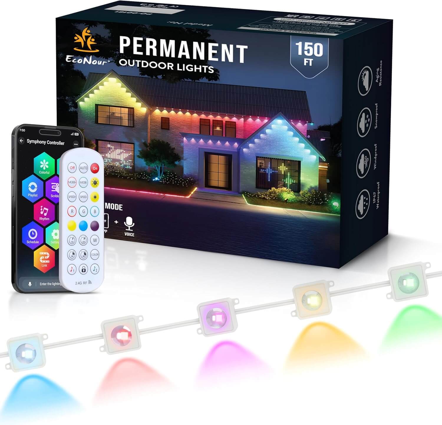 EcoNour 150 FT Smart RGB Permanent Outdoor Lights installed along roofline with multi-color animation effects