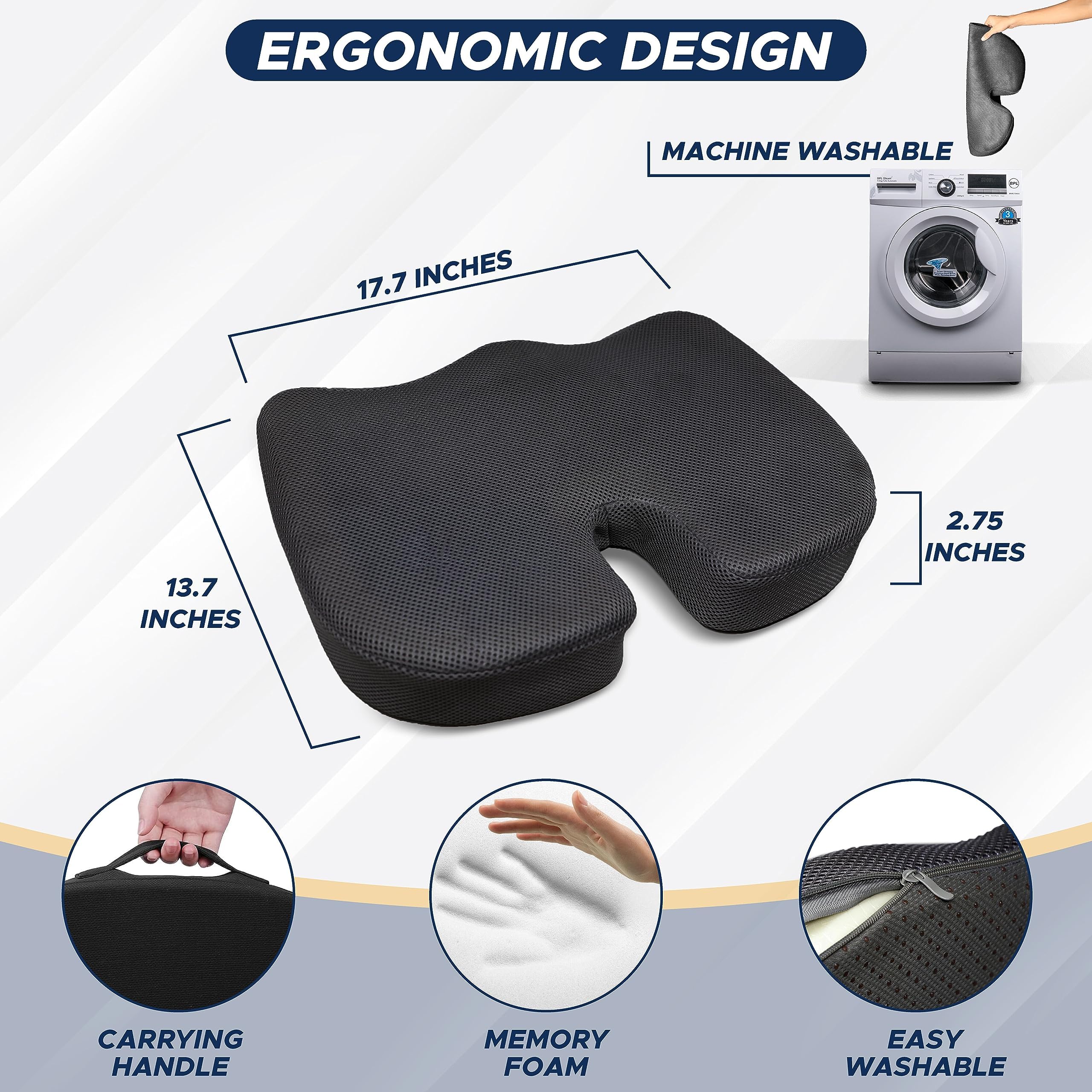 Coccyx Cushion with Anti-Slip Gel | EcoNour Memory Foam Pack of 2 for Tailbone Pain