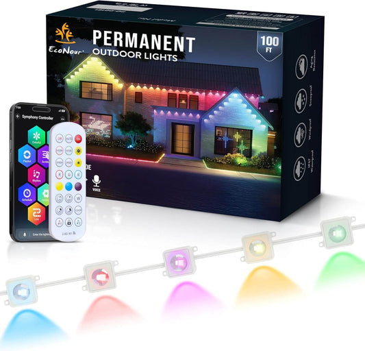 EcoNour 100 FT RGB smart permanent outdoor lights installed along house roofline.