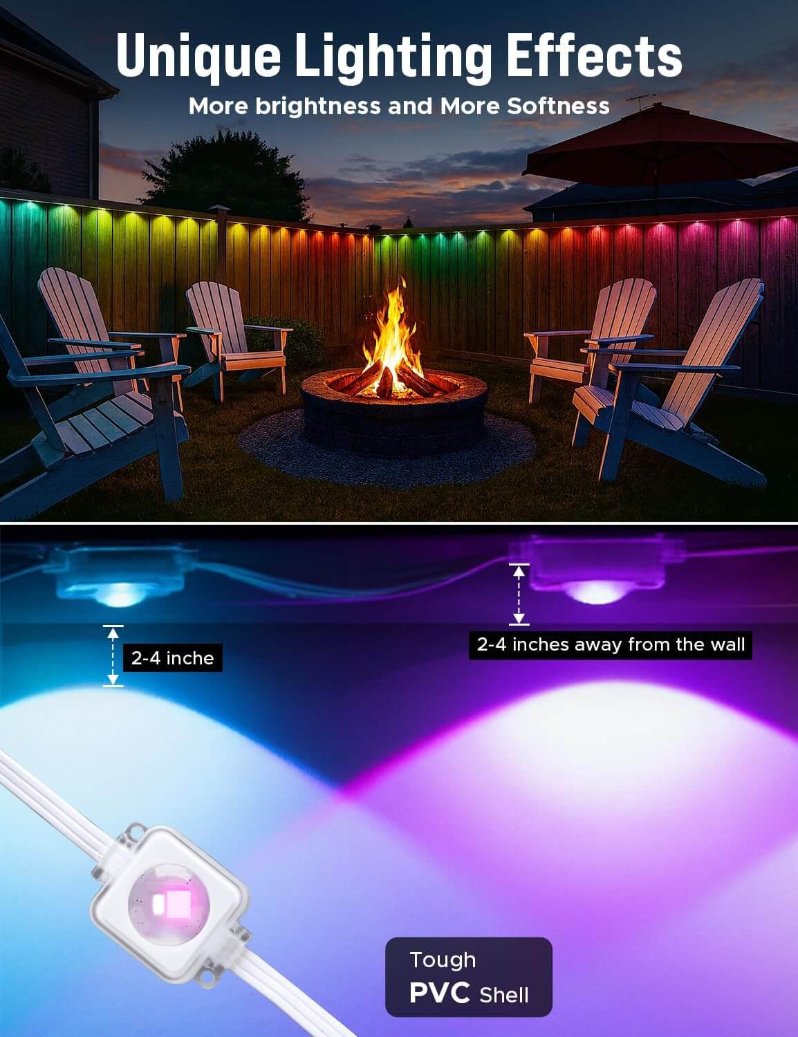 EcoNour 150 FT Smart RGB Outdoor Permanent Lights illuminating a house exterior with vibrant RGB colors