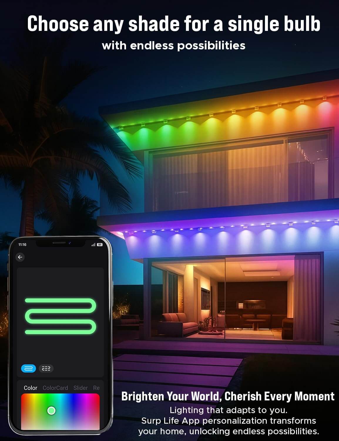 EcoNour RGB permanent lights compatible with Alexa and Google Assistant.