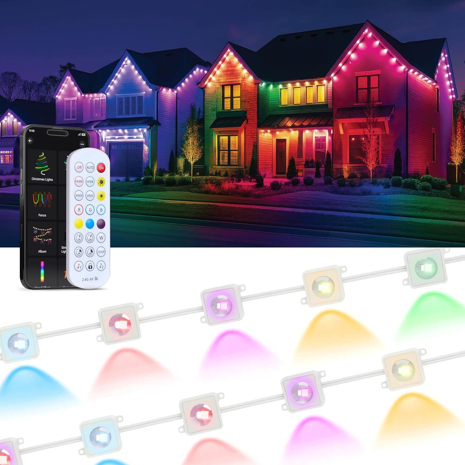 Permanent LED roofline lighting illuminating the exterior of a house.