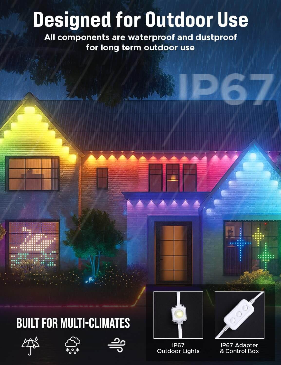 EcoNour 150 FT Smart RGB Outdoor Permanent Lights displaying gradient and chasing animation effects