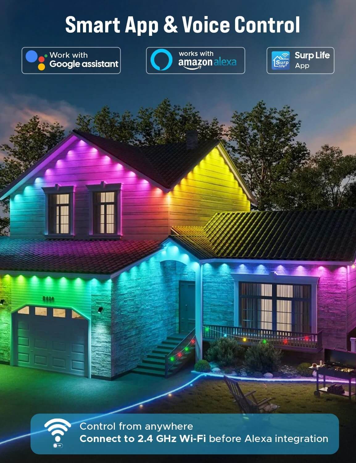 Smart RGB outdoor lights controlled through mobile app with custom lighting modes.