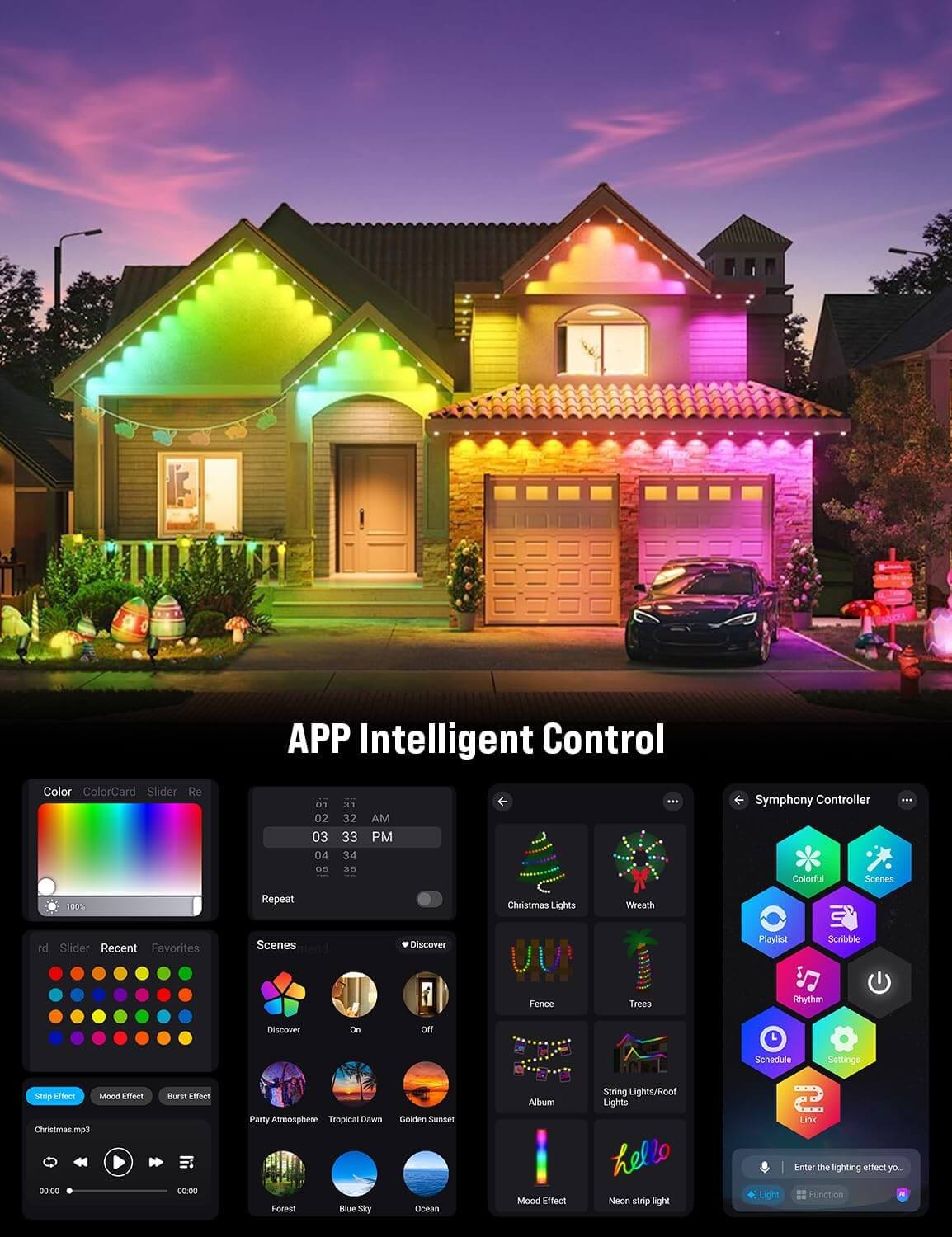 EcoNour 150 FT Smart RGB Outdoor Permanent Lights showing waterproof LED eaves lighting for holiday décor